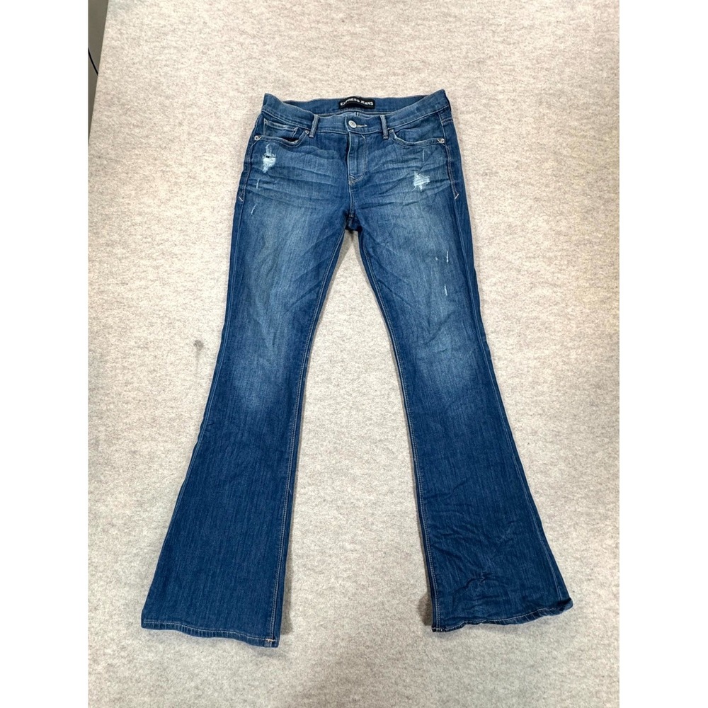 Express Slim Flare Mia Mid Rise Jeans Womens 8 Blue Denim Cotton Distressed